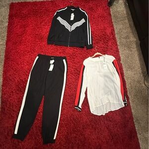 3 Piece Ro & De Black and White Track Jacket, Pants & White Top with Red Stripes